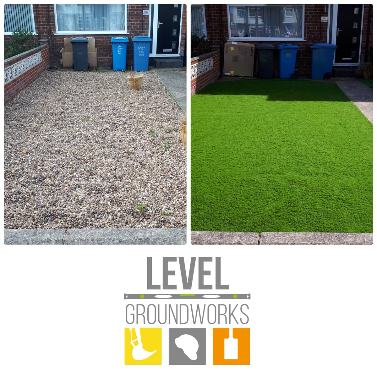 Front garden by Level Groundworks transformed from tired gravel to a fresh artificial lawn