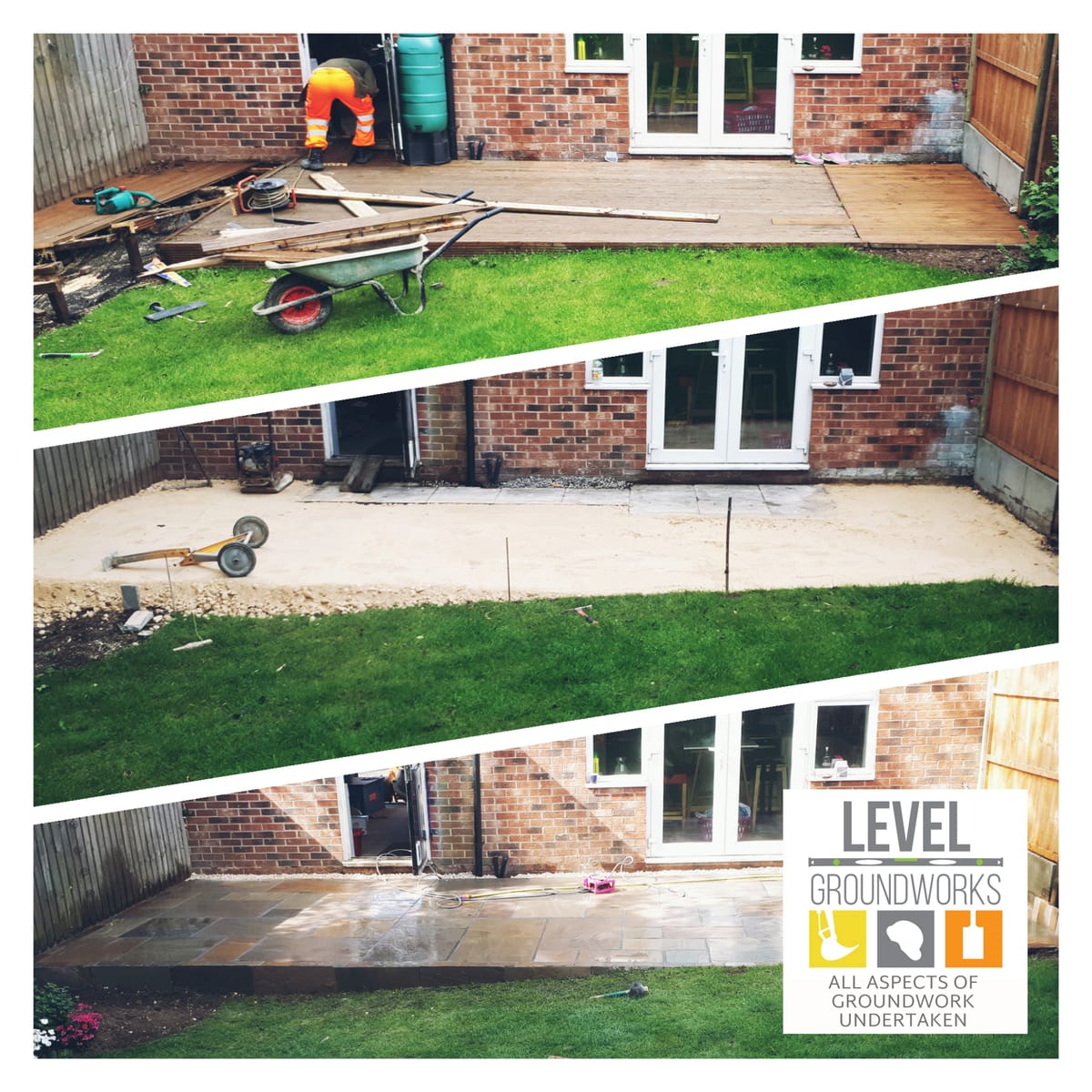 Domestic patio rebuild by Level Groundworks showing demolition, a new concrete base and the finished Indian sandstone patio